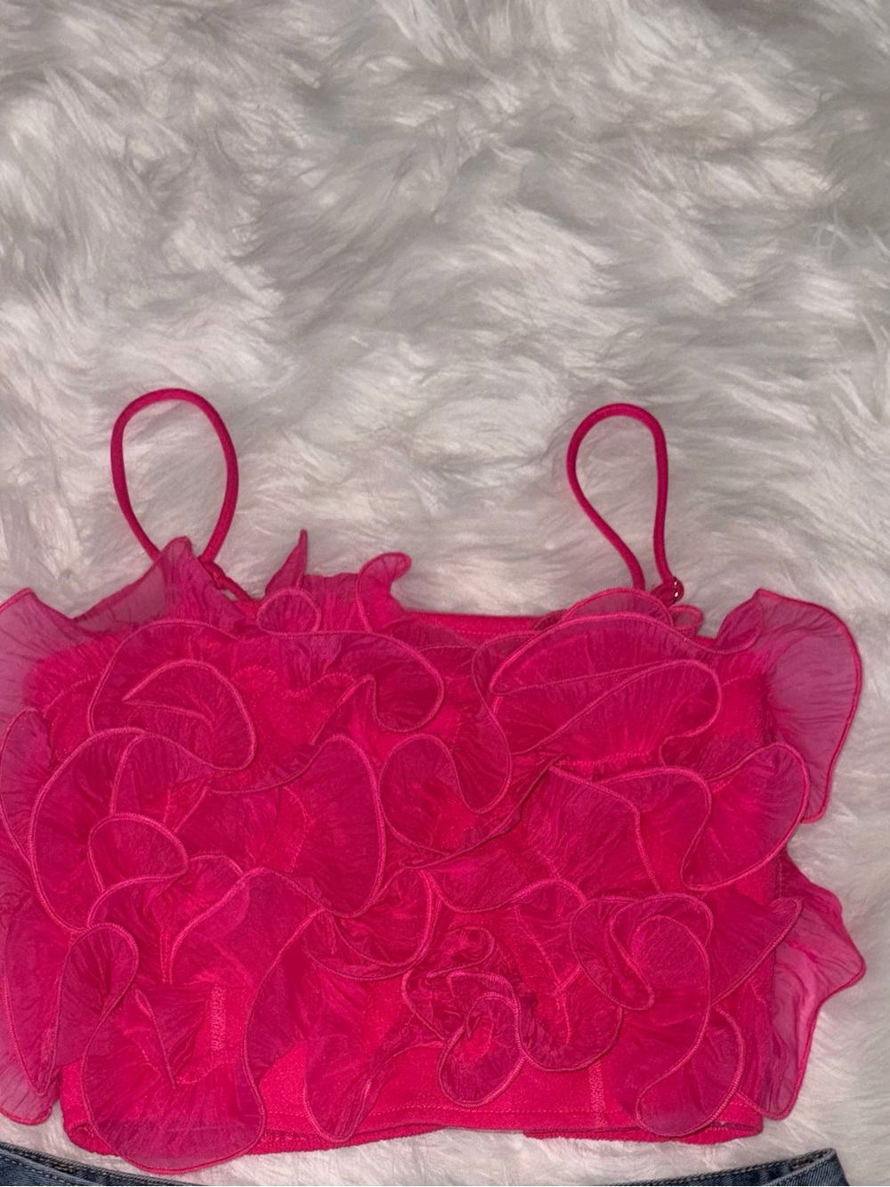 She + Sky Bright Pink Smocked Ruffle Crop Top
